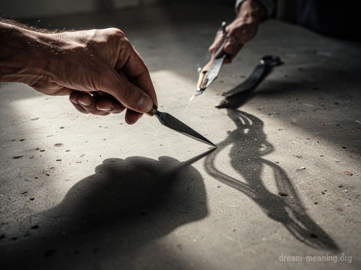 A hand holding a sharp object casting a distorted shadow.