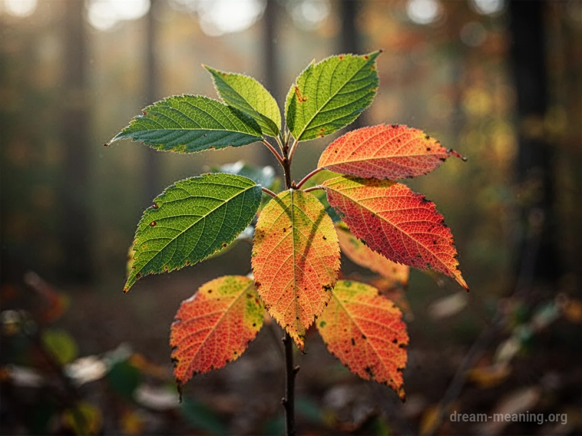 A plant showing green leaves and autumn-colored leaves simultaneously.