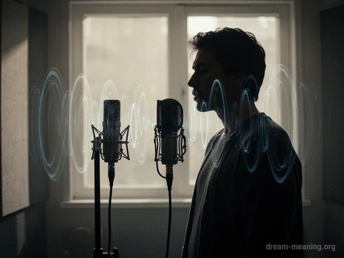 Silhouette of a person in front of a microphone with distorted sound waves.