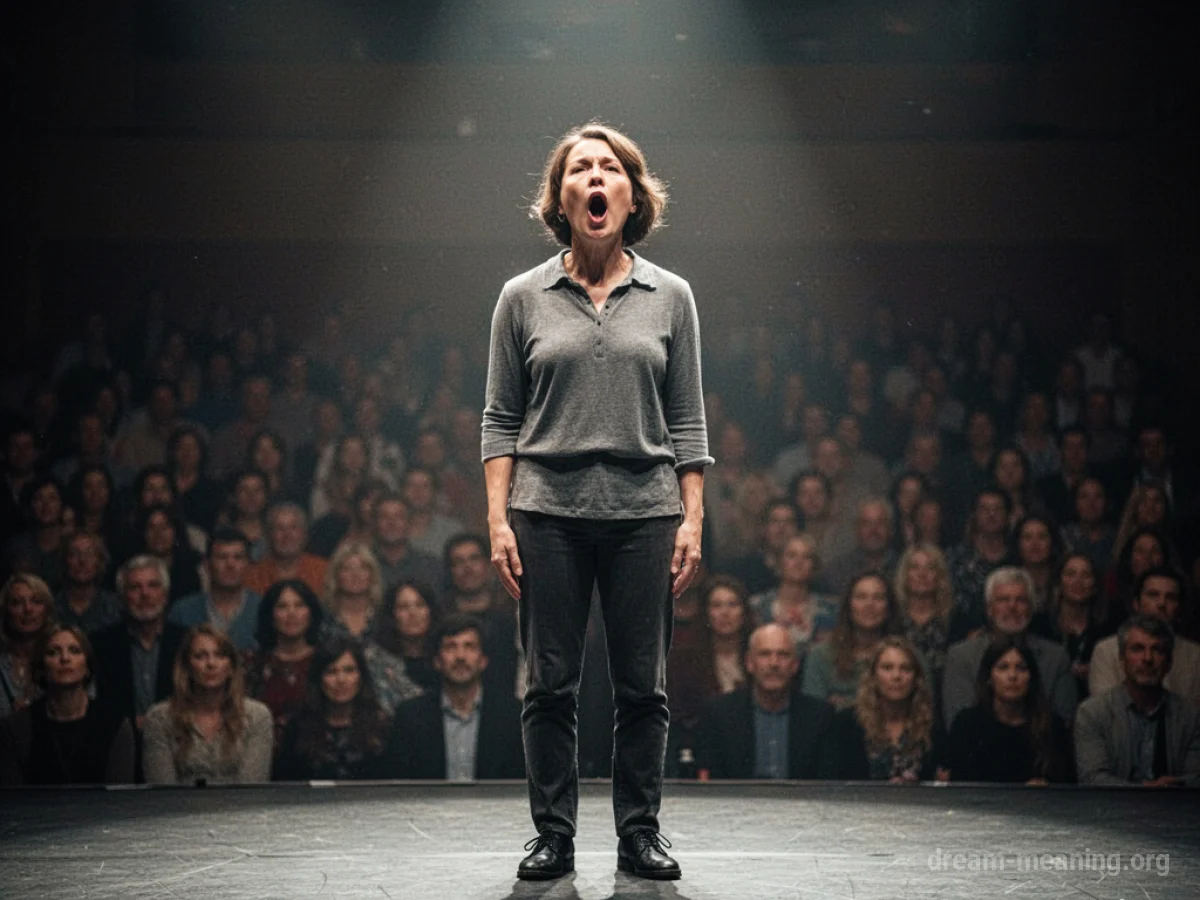 A person on a stage with their mouth open, unable to speak.