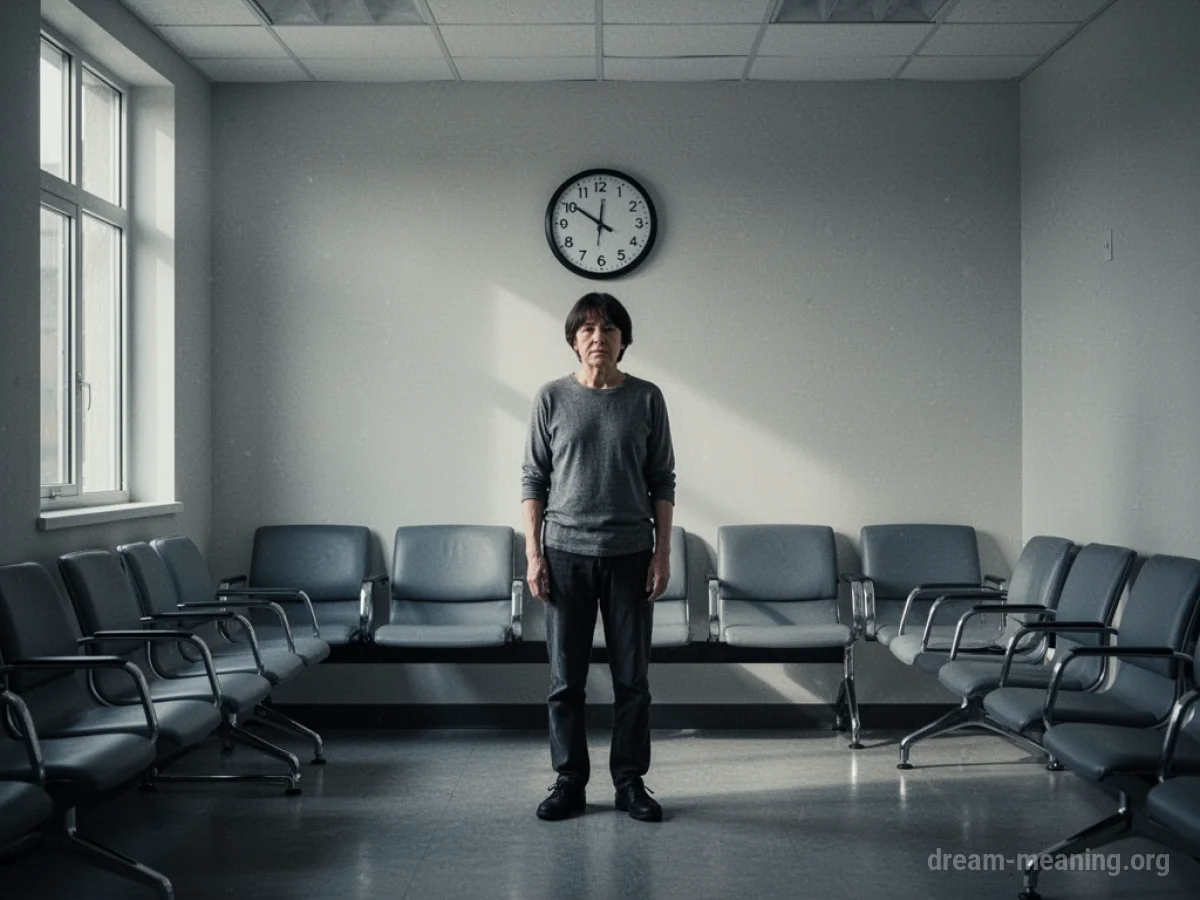 A person stands alone in a desolate waiting room.