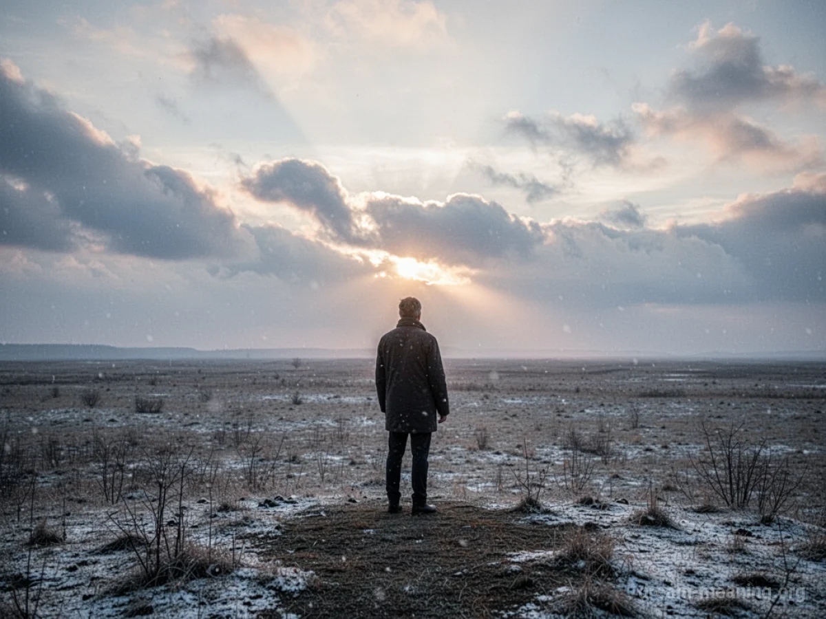 A solitary figure stands in a barren landscape looking towards a brightening sky.