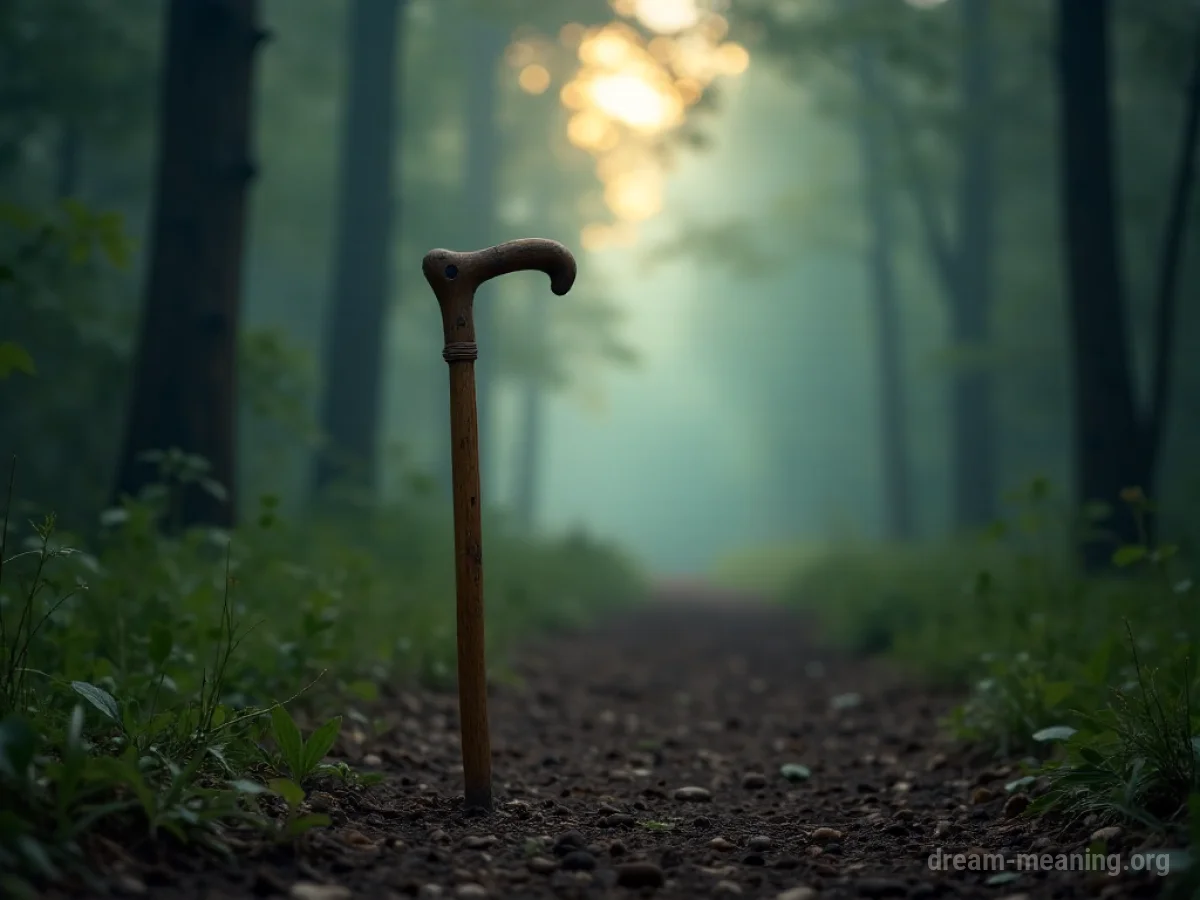 A person's hand holding a textured wooden walking stick.