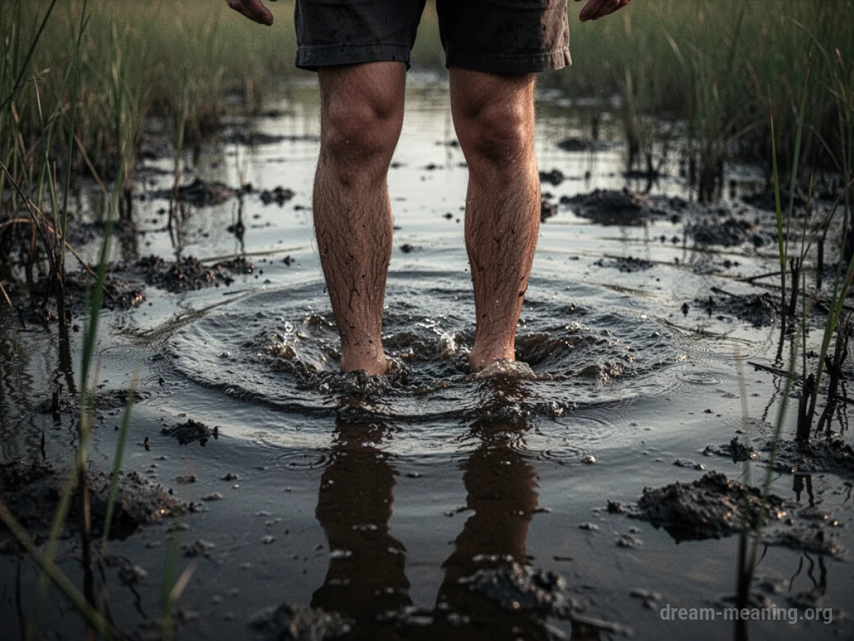 Legs of a person stepping through dark swamp water.