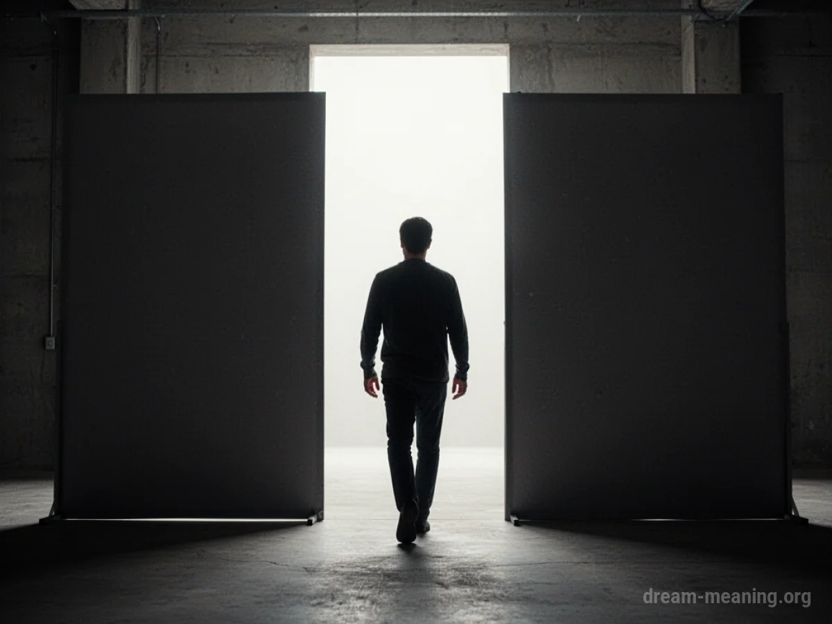 Silhouette of a person stepping through a solid barrier into a bright, open area.