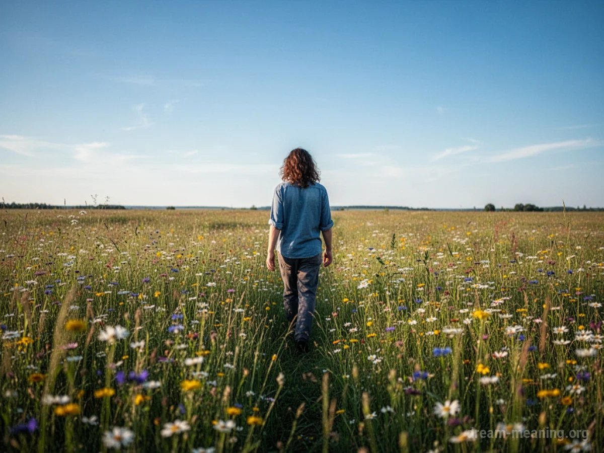 A person's silhouette walking across a wide meadow dotted with colorful wildflowers under a bright sky.
