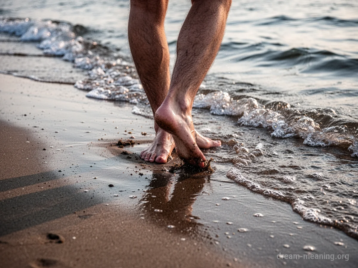 Feet walking on wet sand at the edge of the ocean.