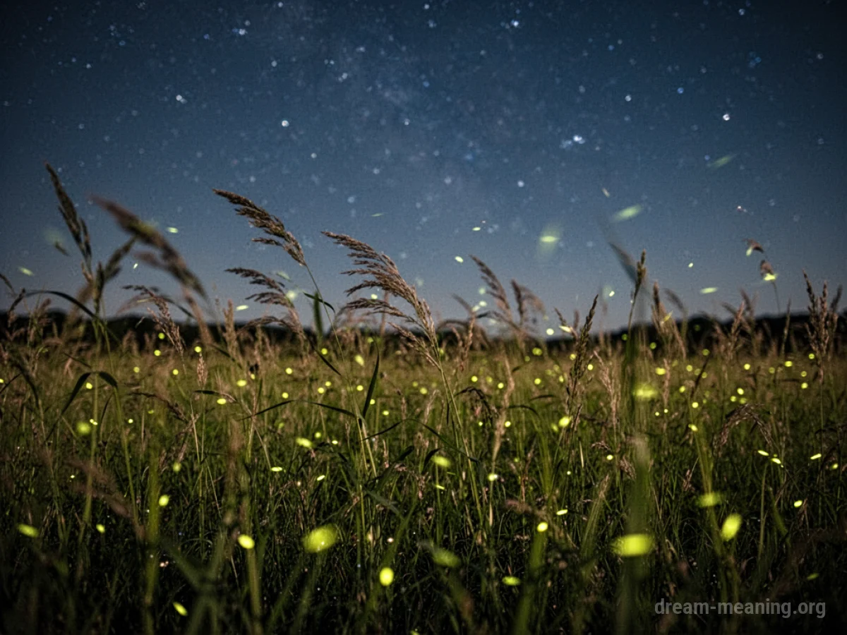 Fireflies glowing in a grassy field under a starry night sky.