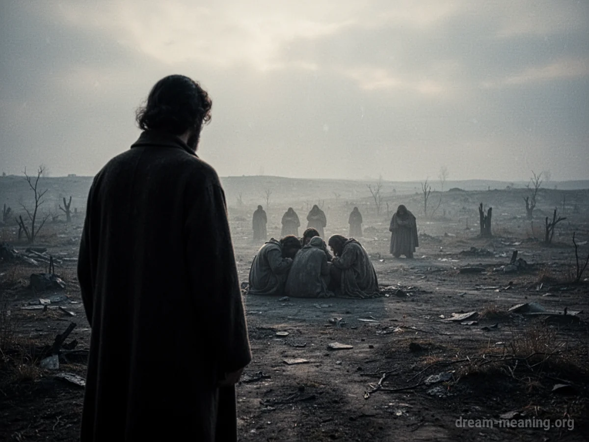 A distant silhouette watches several small, indistinct figures in a barren landscape.