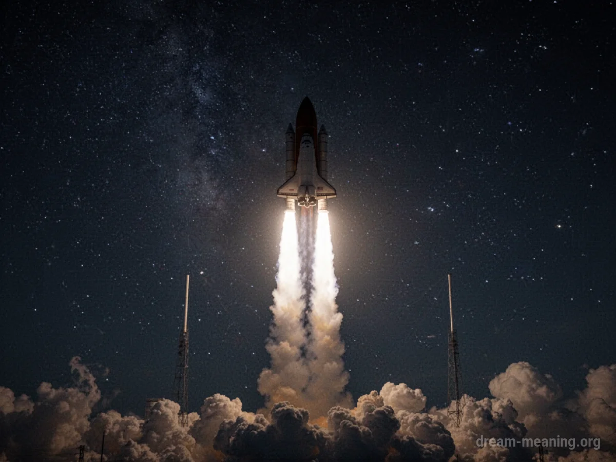 A space shuttle launching into the night sky.