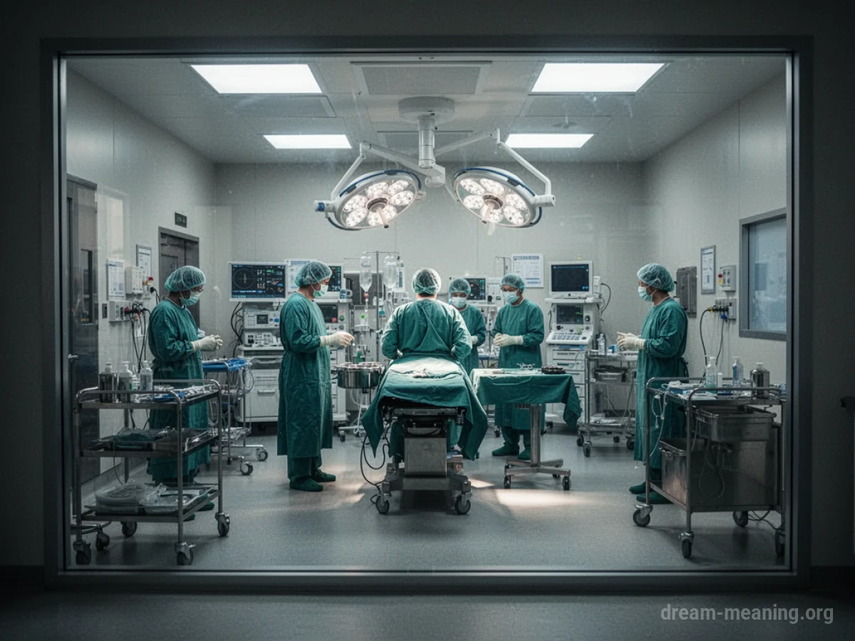Figures in surgical attire in an operating room, viewed from a distance through a glass partition.