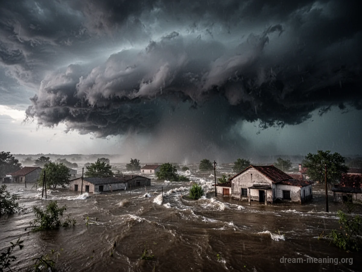 A dark storm cloud with rising water around buildings.