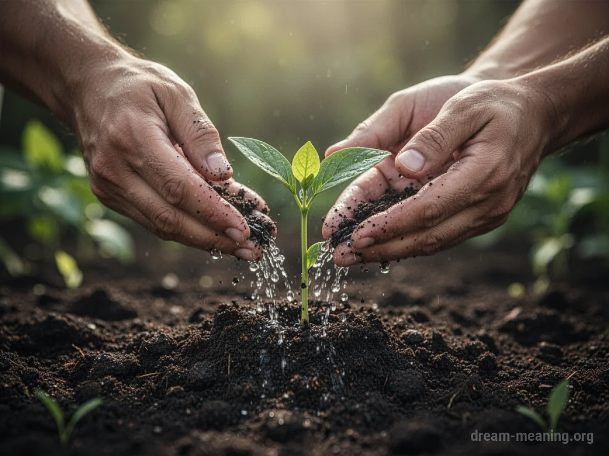 Hands watering a small green sprout in dark soil.