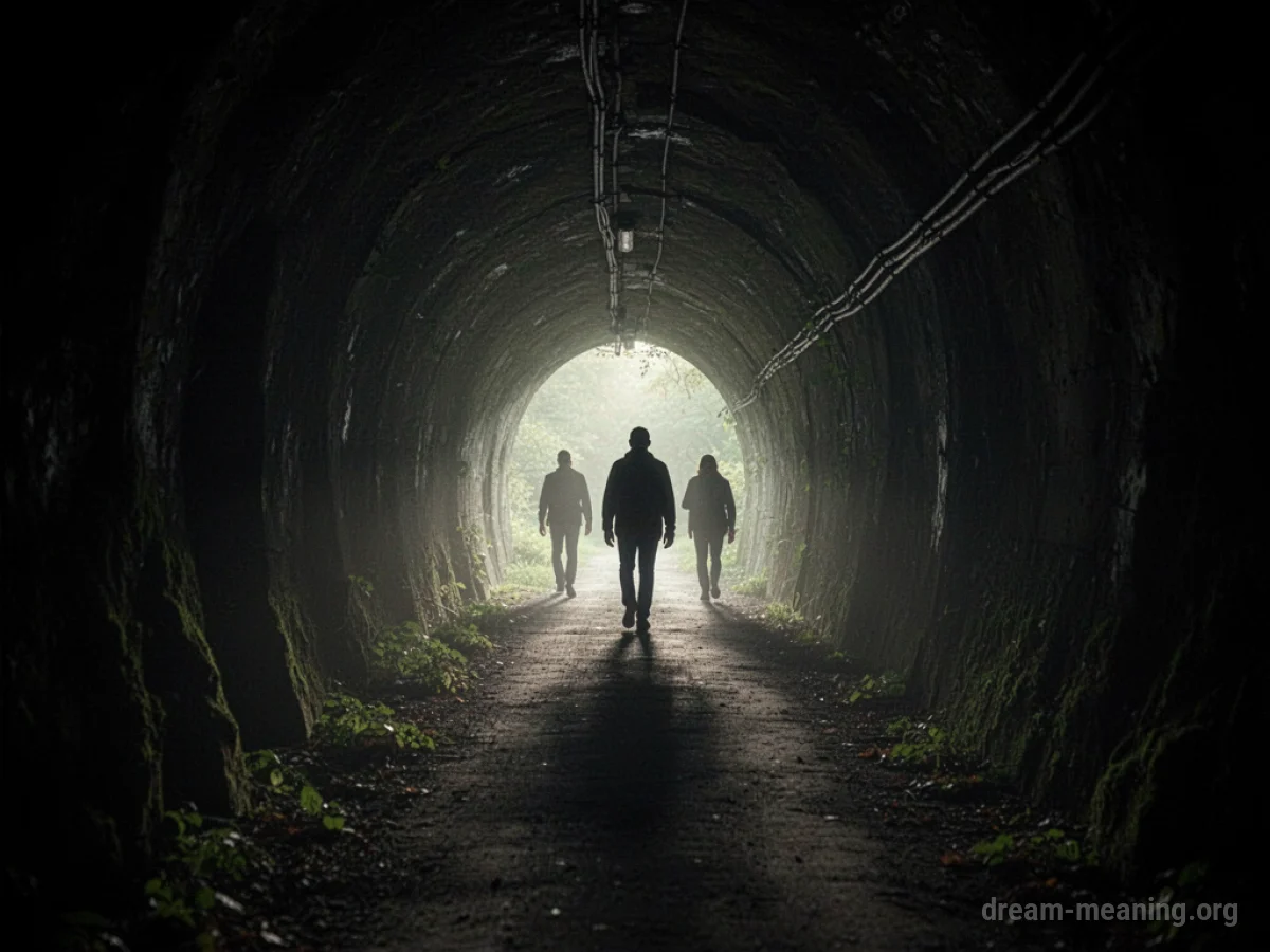 A tunnel with light at the end and walking figures.
