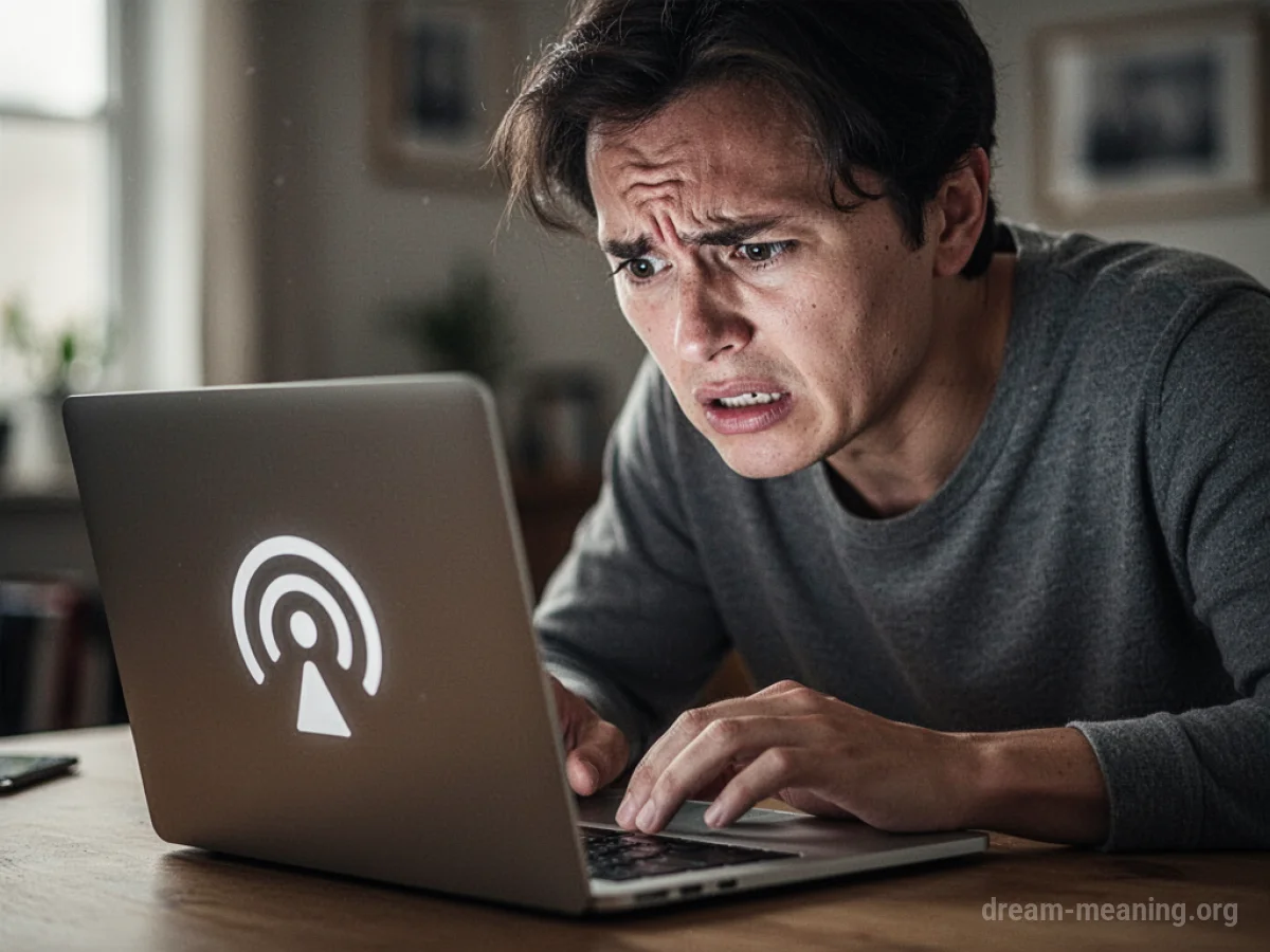 A person looking at a laptop with a weak signal icon.