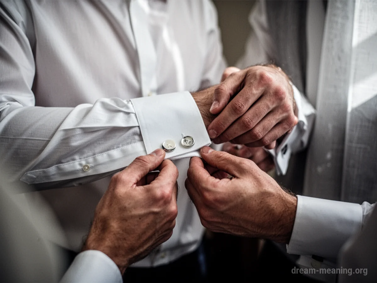 Close-up of a hand buttoning the cuff of a white formal shirt.