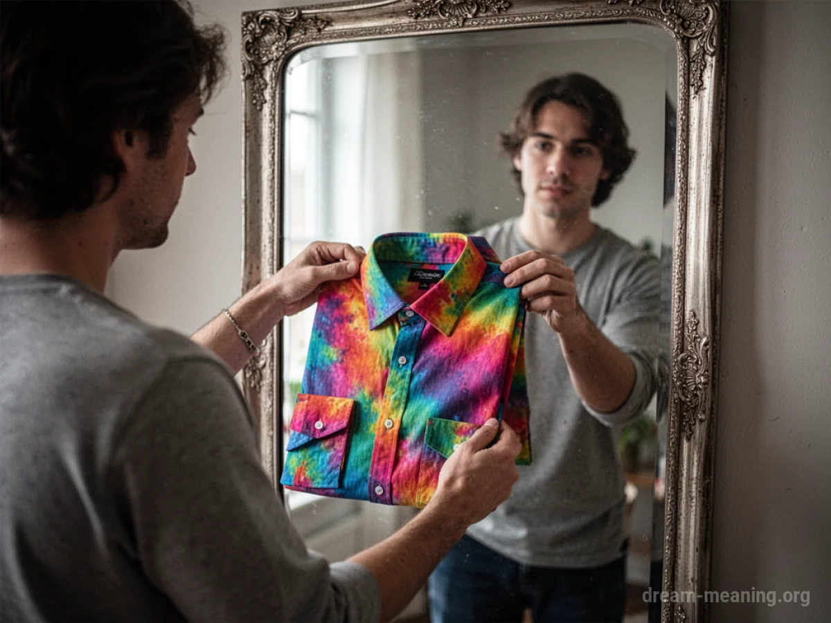A person holding a new shirt in front of a mirror.