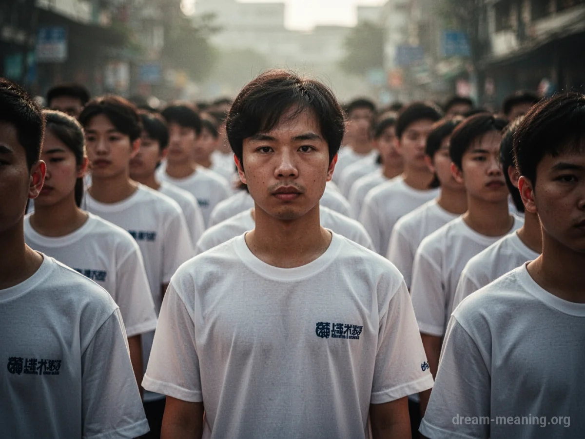 A group of people wearing the same uniform shirts.