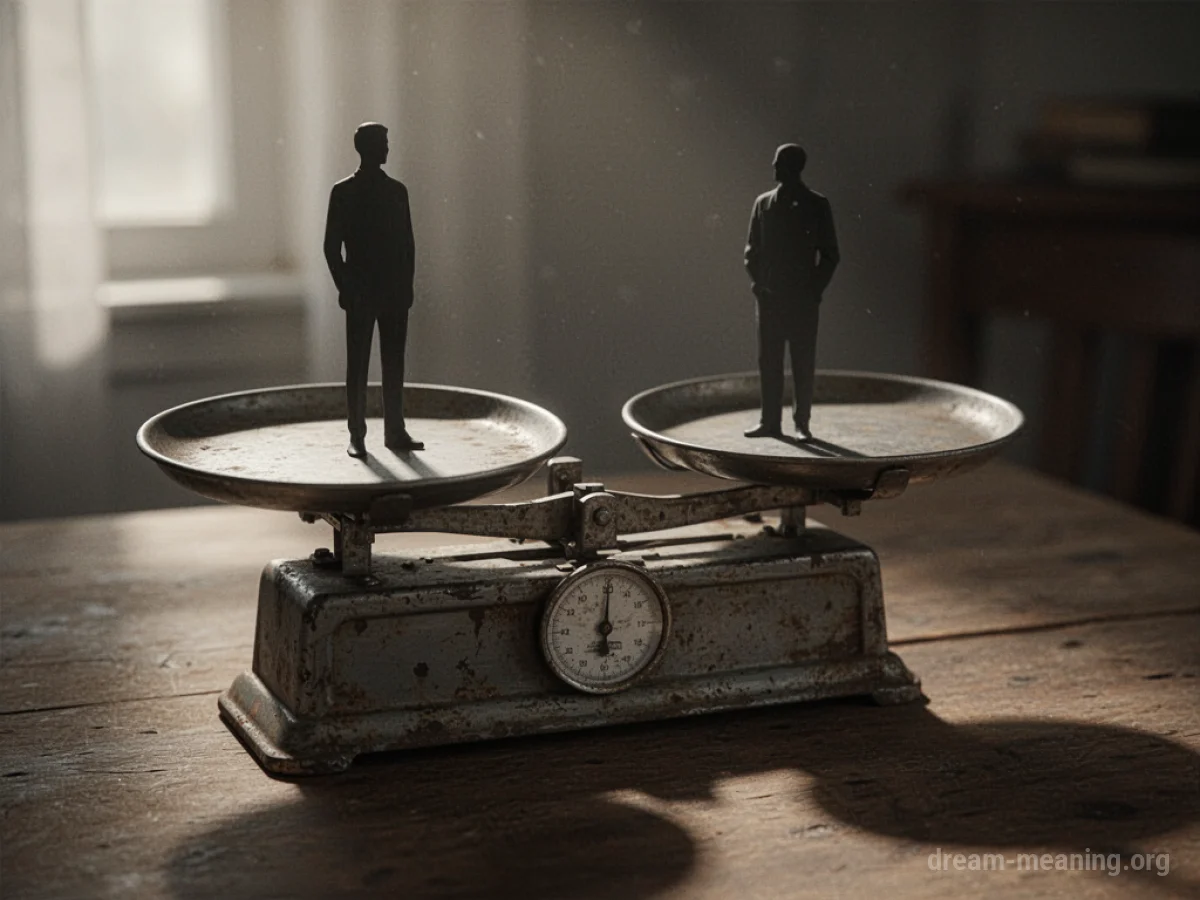 A silhouette figure stands on an old-fashioned balance scale.