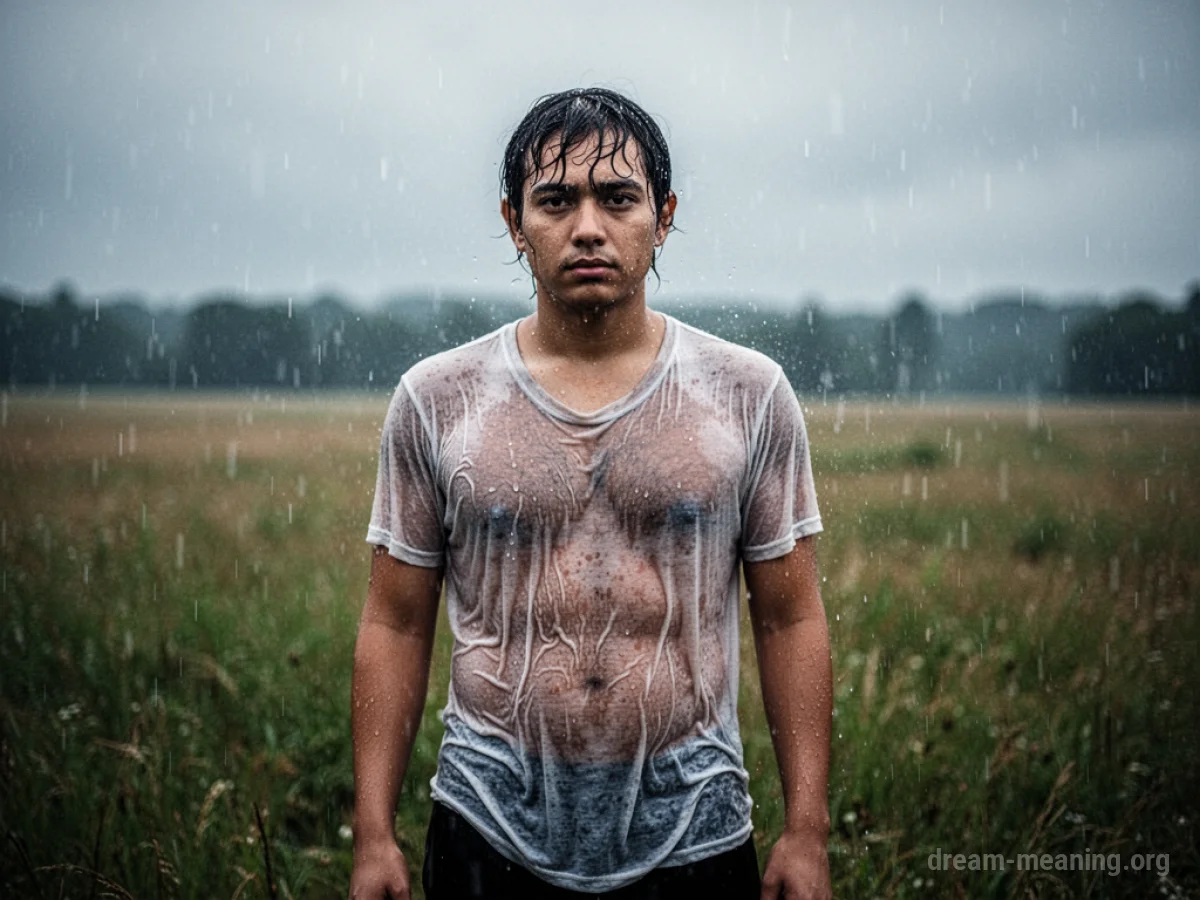 A person wearing a damp shirt standing alone in a field.