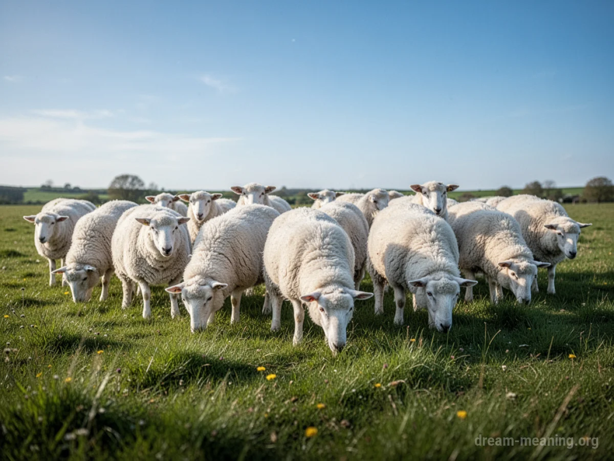 A flock of white sheep in a green field.