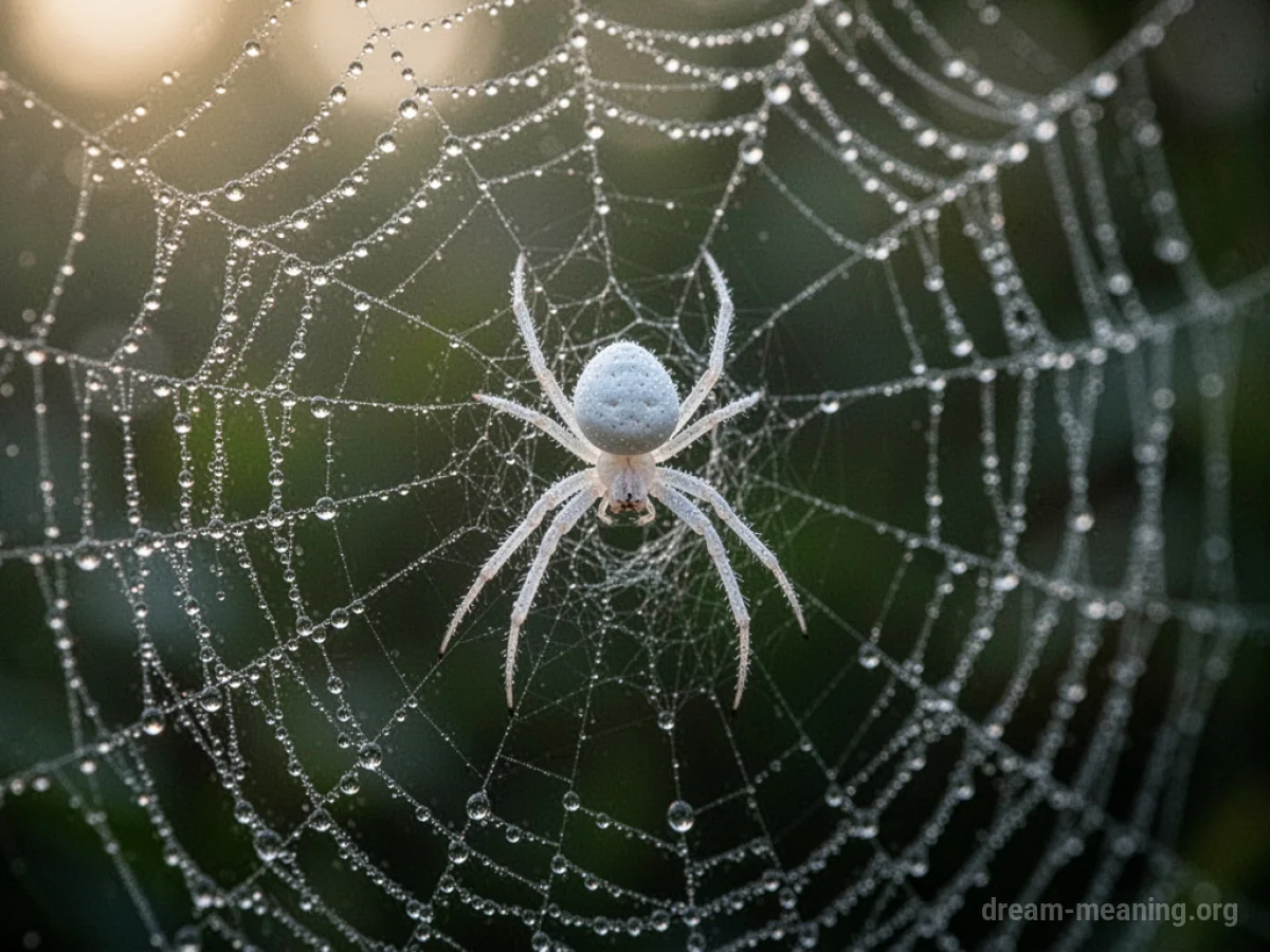A white spider resting on a silken web with water droplets.