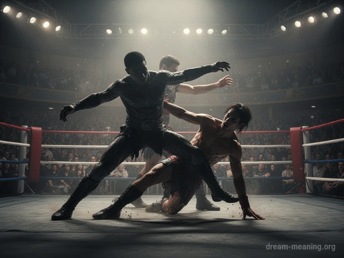Two abstract figures in a struggle, one standing victoriously over the other.