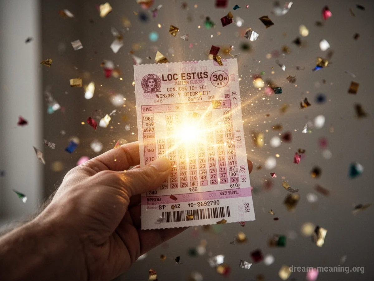 A hand holding a winning lottery ticket with confetti and golden light.