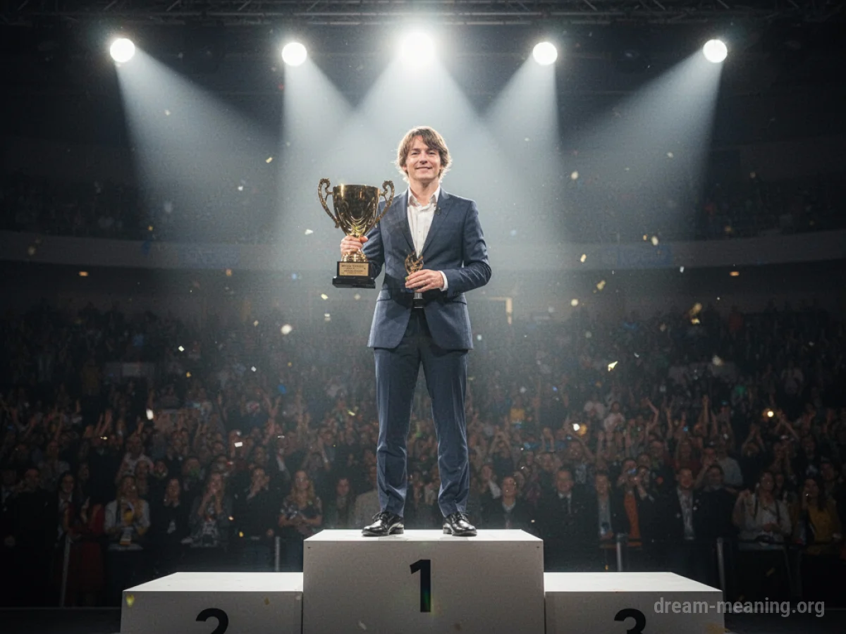 A person standing on a podium holding a trophy.