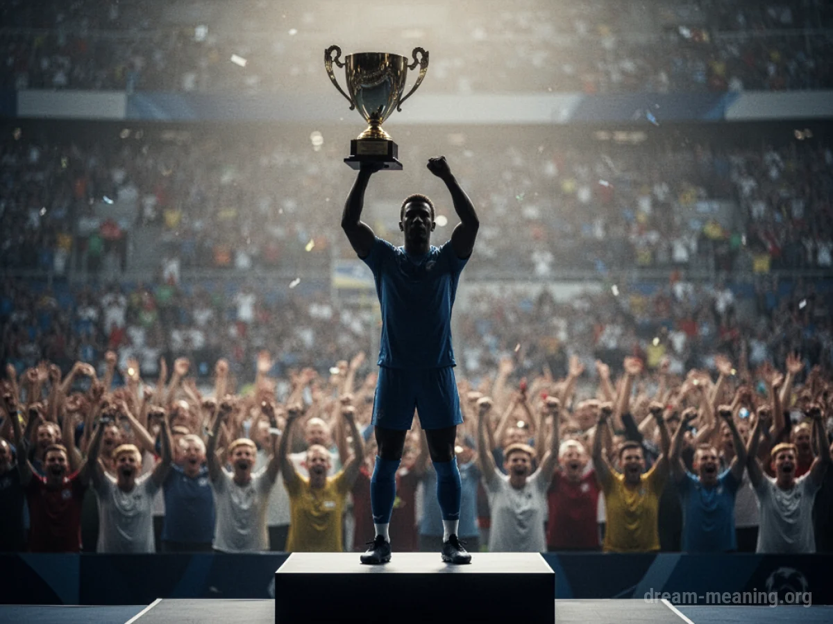 Silhouette of an athlete holding a trophy aloft on a victory podium.