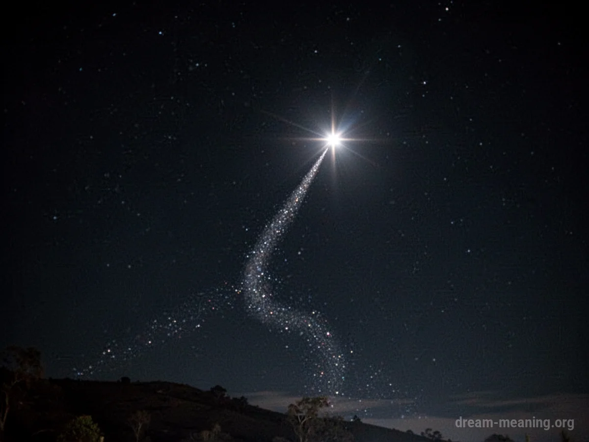 A bright star in the night sky with a luminous trail.
