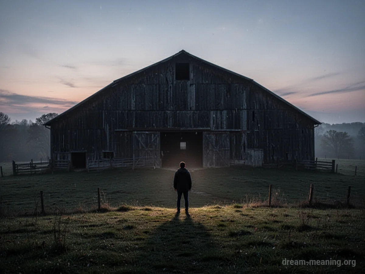 A person watches a dark barn from a distance during twilight.