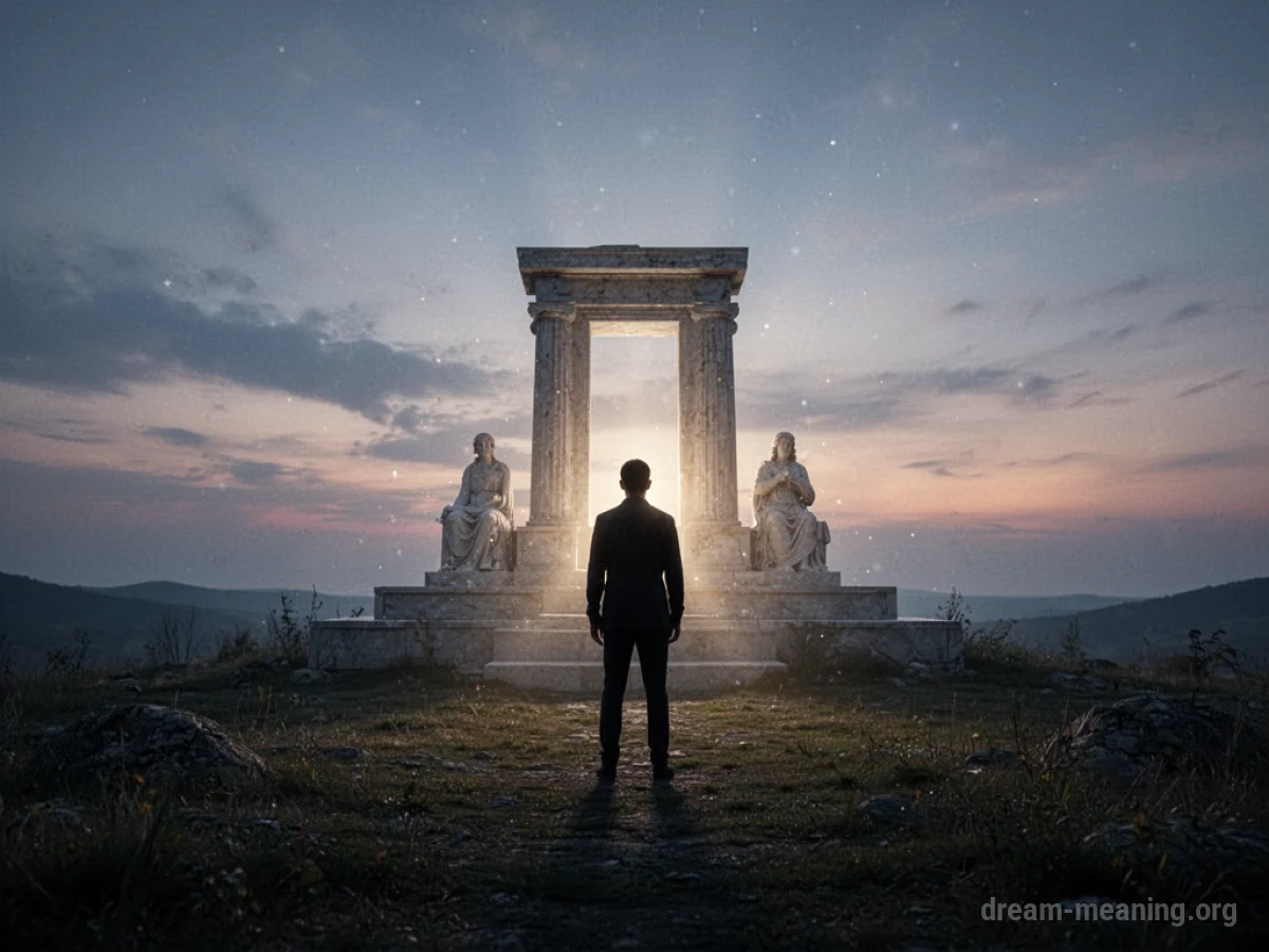 Silhouette of a person watching a distant, glowing altar.