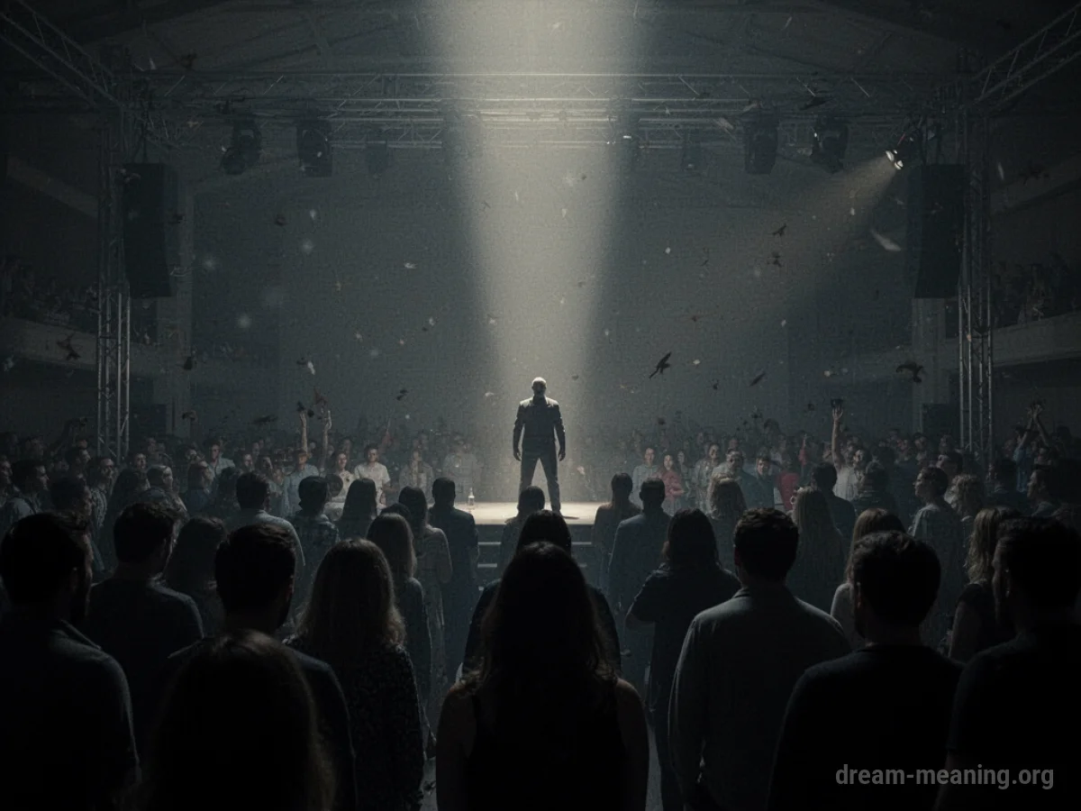 A crowd of indistinct figures observed from a distance, focused on an unseen event.
