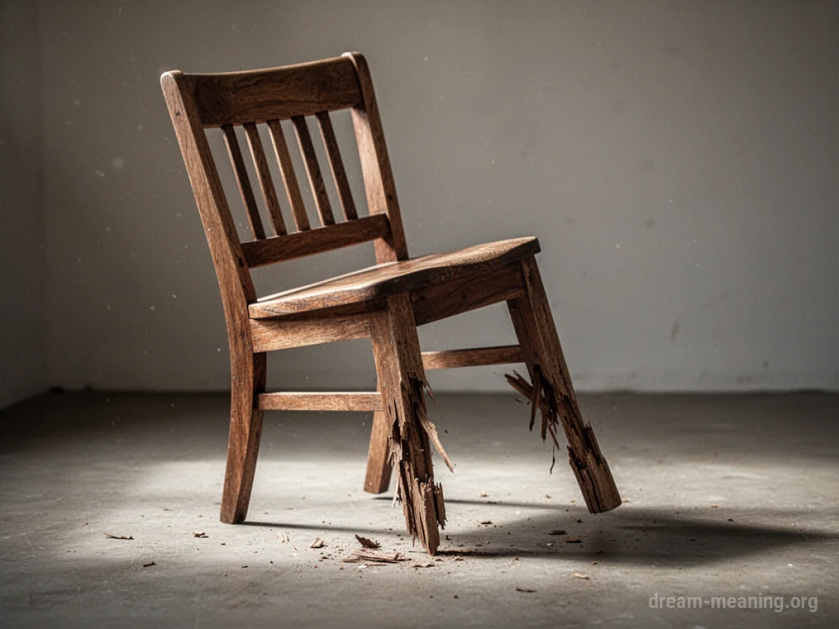 A wooden chair with a cracked leg about to break.