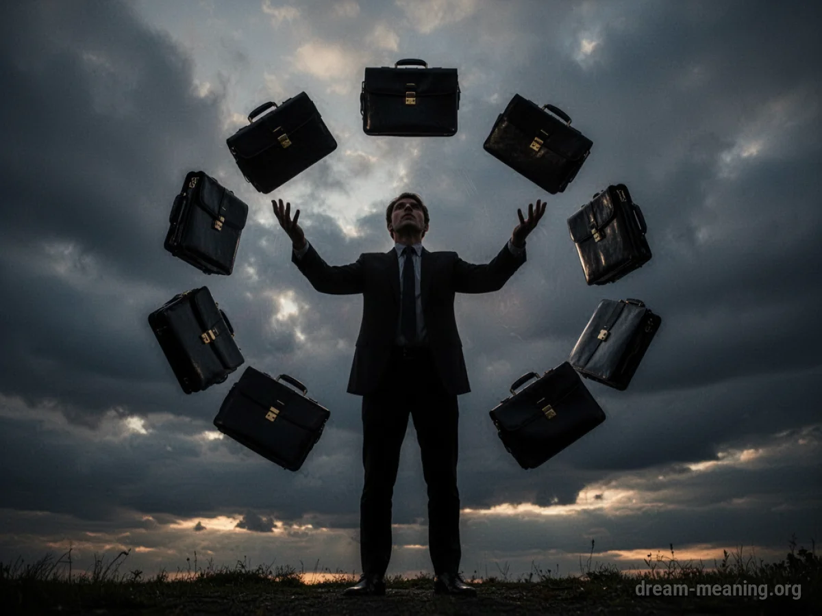 Silhouette of a person holding many briefcases.
