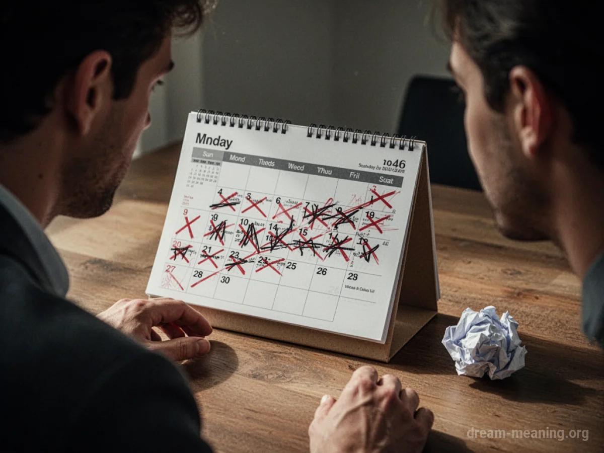 A desk calendar with many marked dates and a crumpled piece of paper.