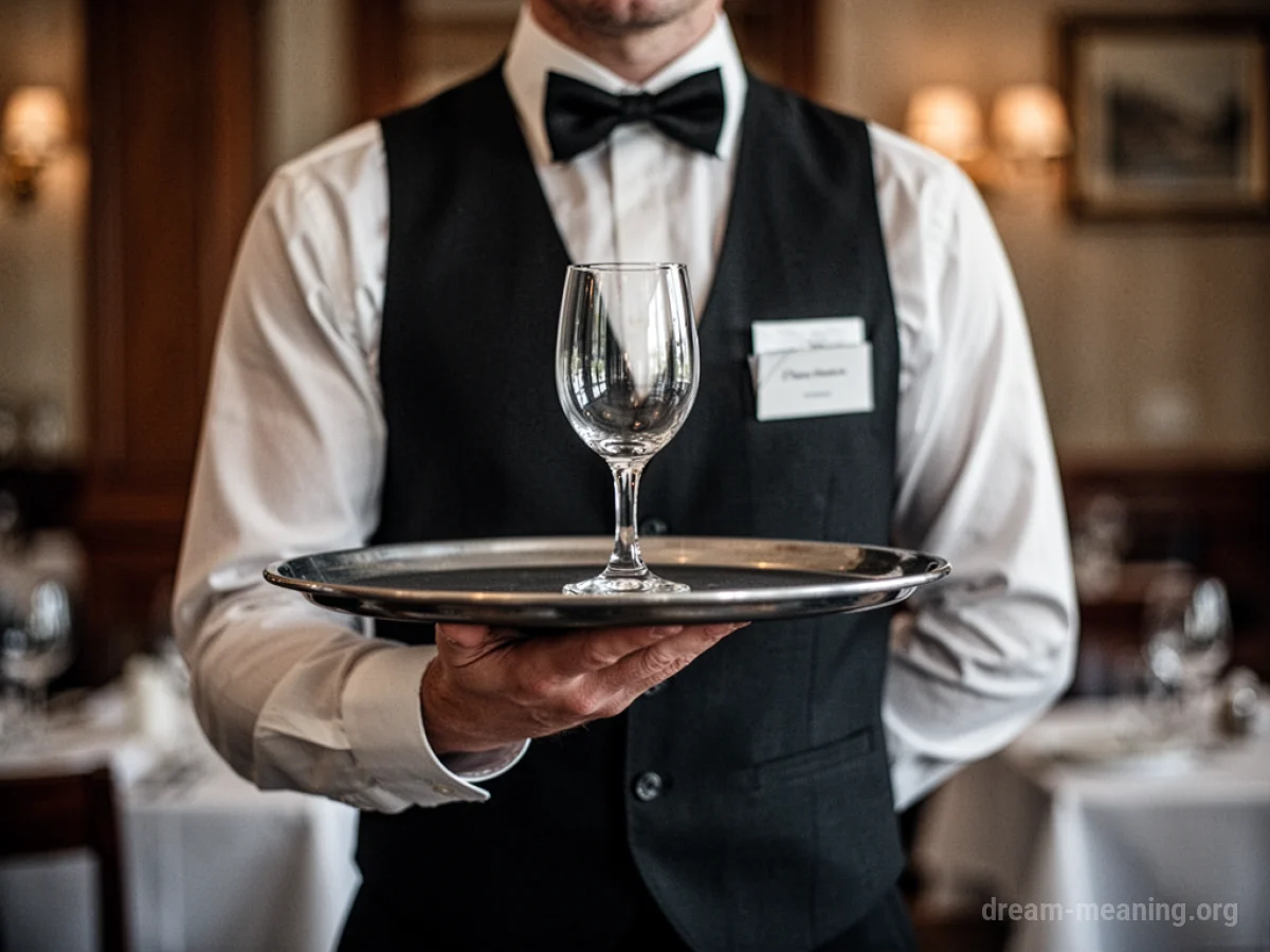 A person in a waiter uniform holding a tray.
