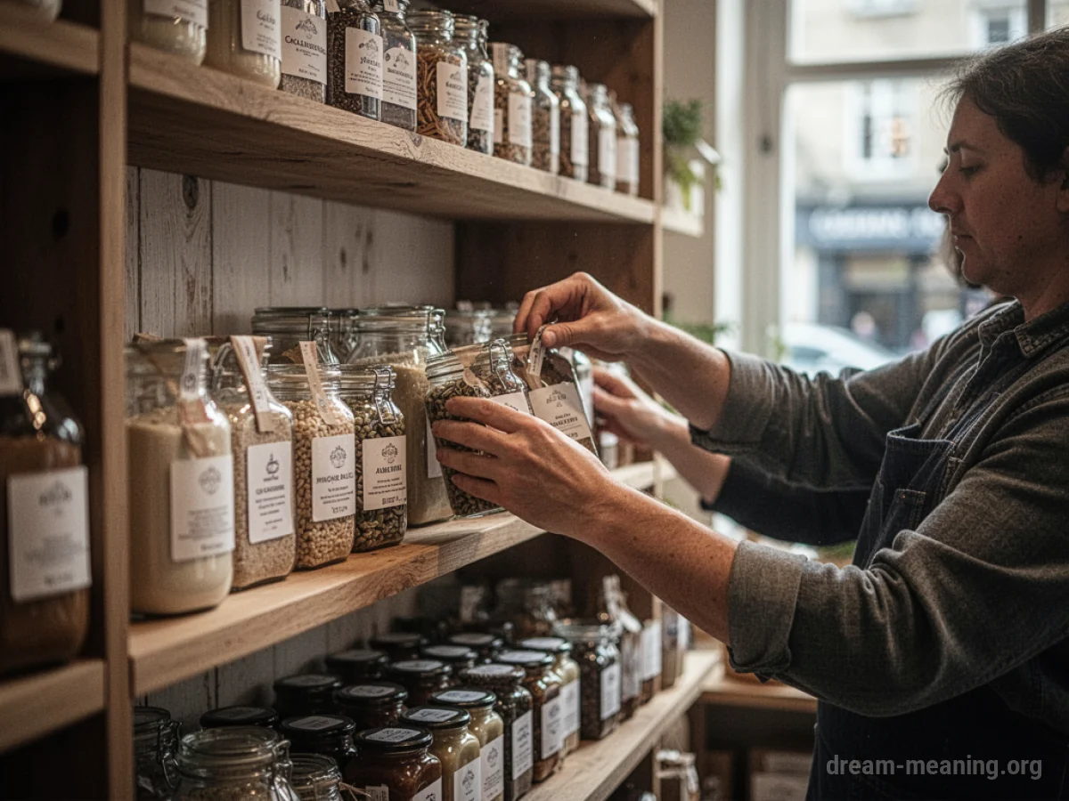 Hands organizing products on a store shelf.