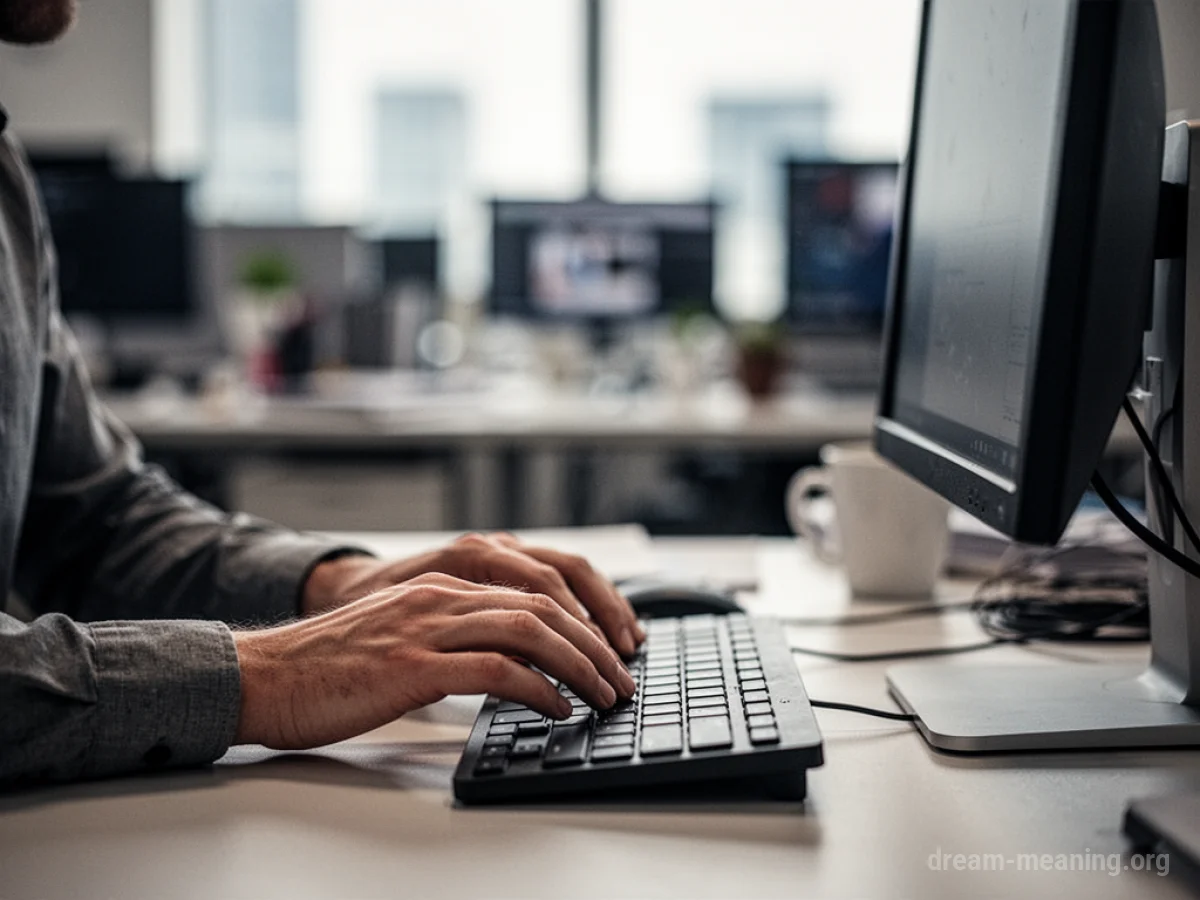 Hands typing on a computer keyboard in an office setting.