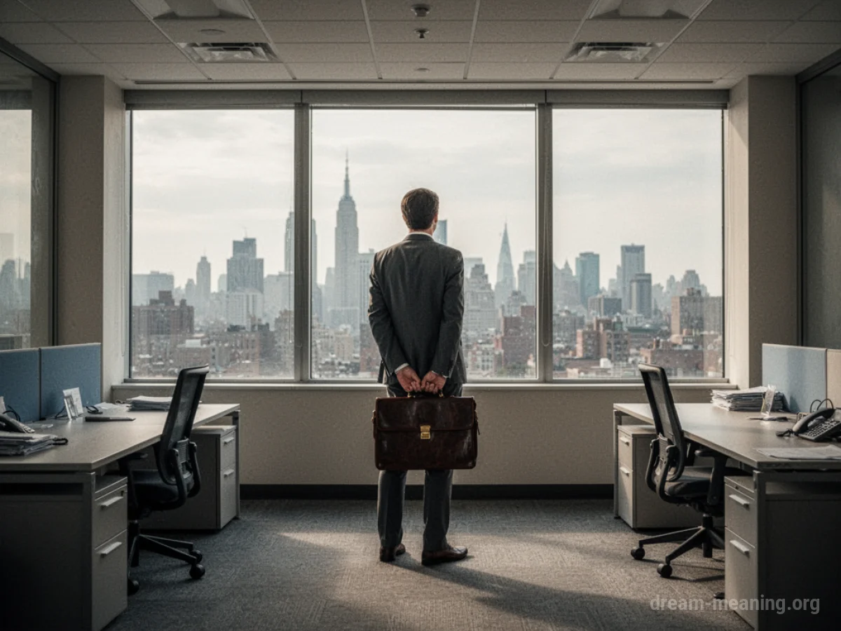 A person stands alone in an empty office looking out a window.