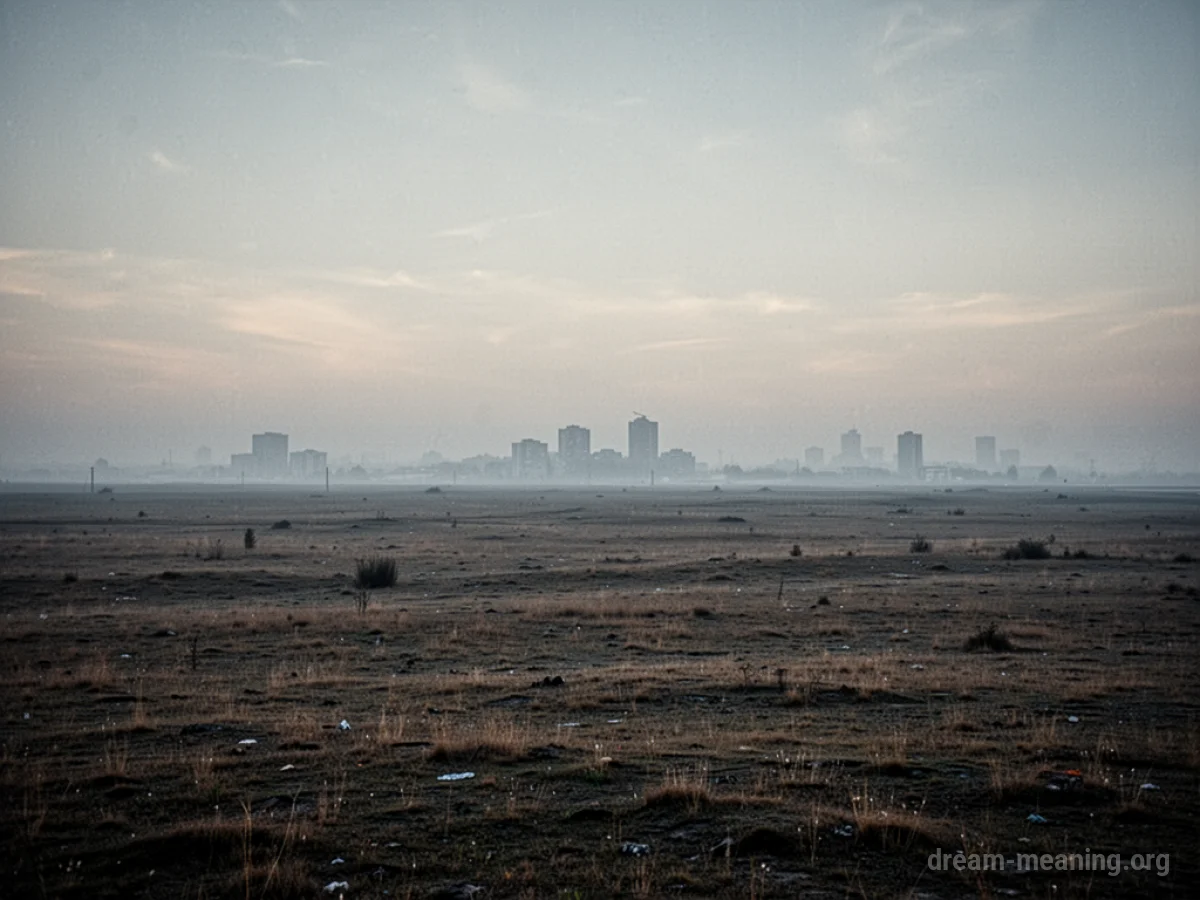 An empty landscape with muted colors and distant building silhouettes.
