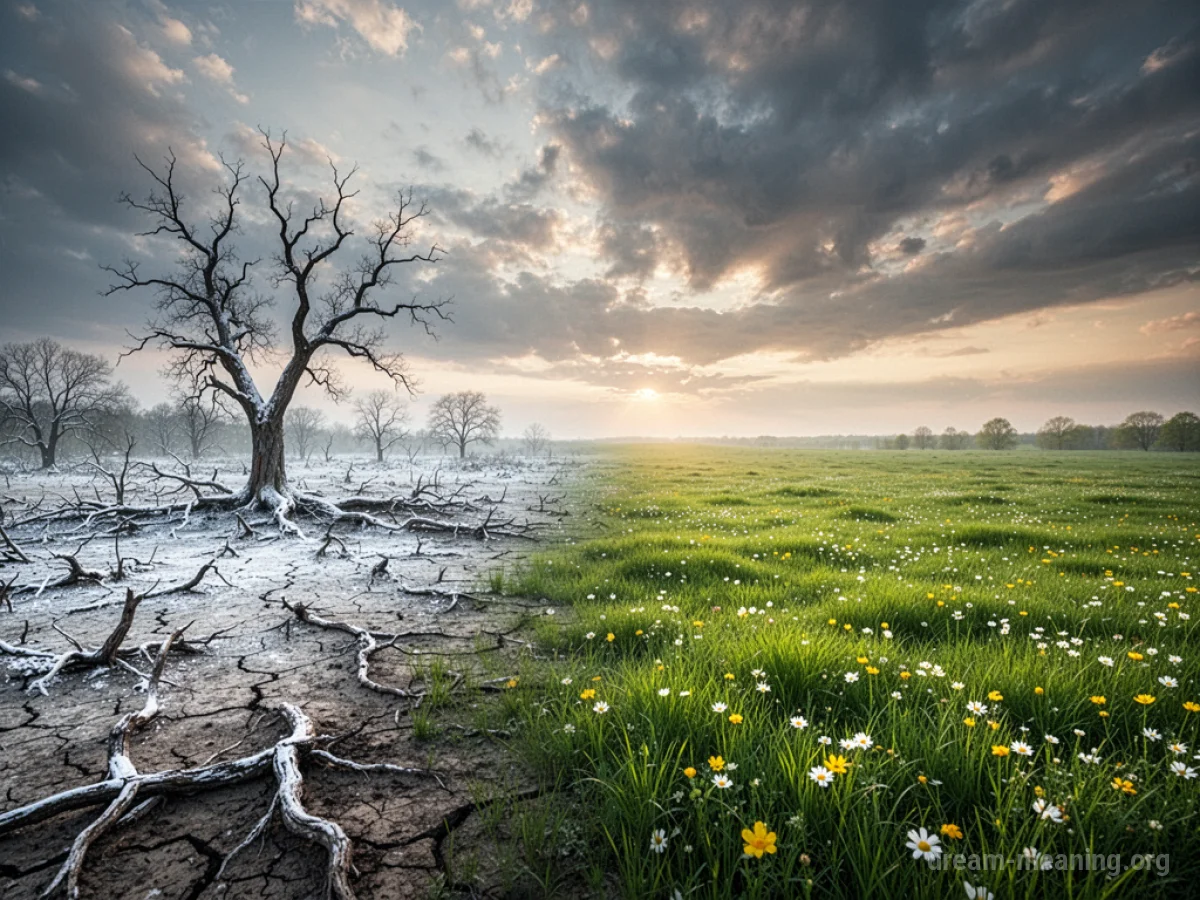 A landscape showing a stark division between a snowy winter and a vibrant spring.