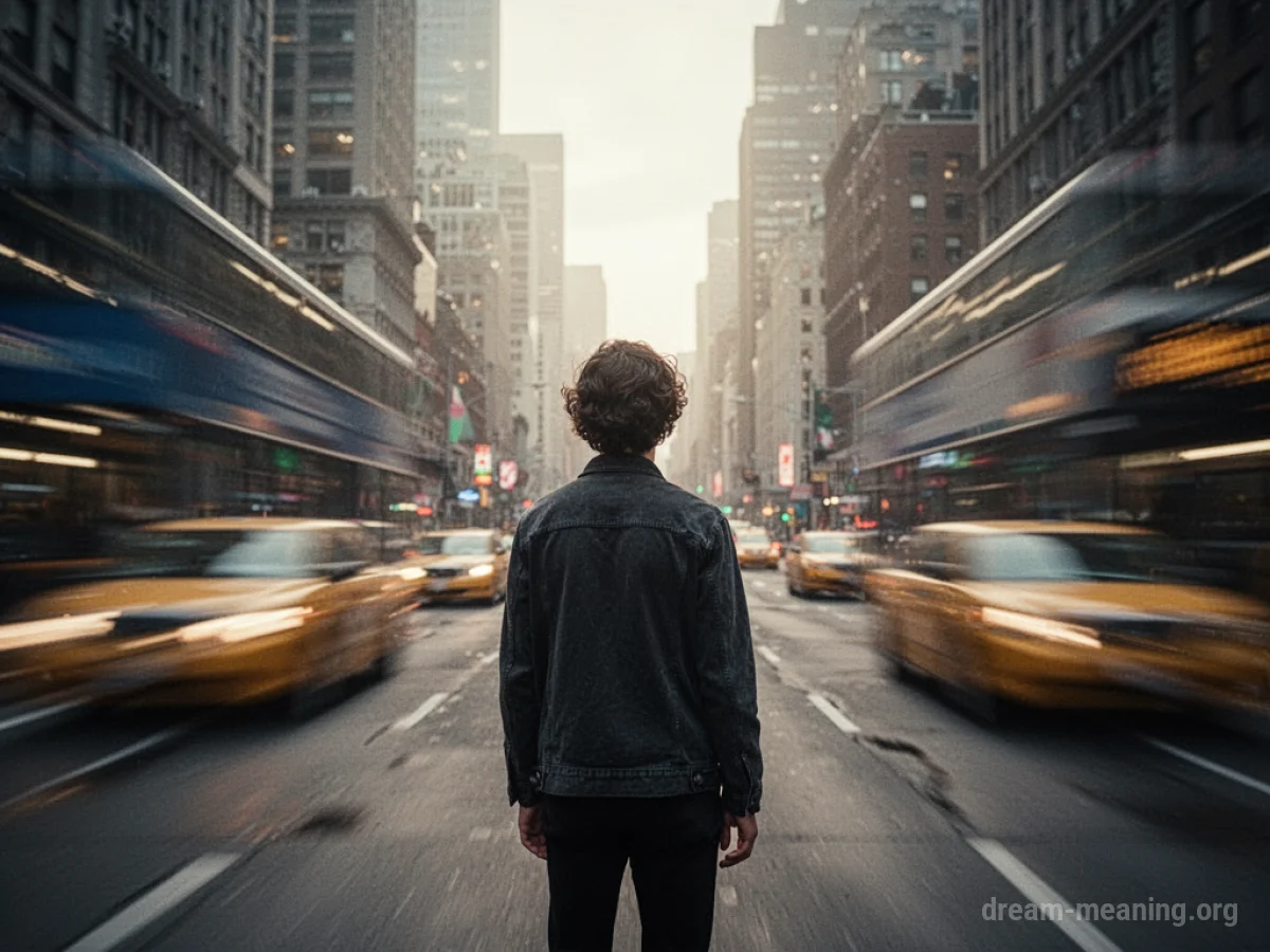 A person viewed from behind, stationary, with a blurred, streaking city in the background.
