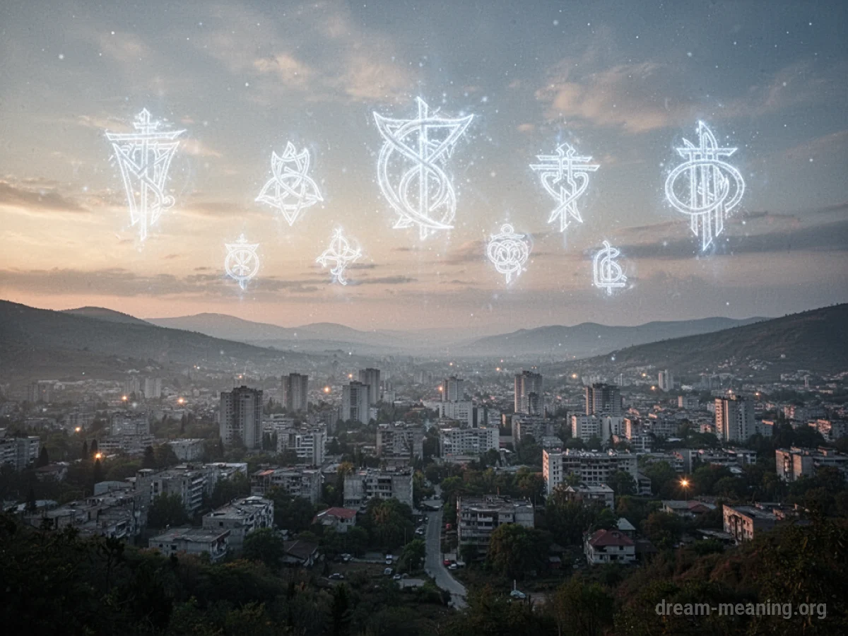 A cityscape viewed from a distance with abstract spiritual symbols glowing in the night sky.