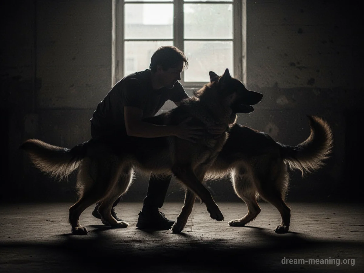 Silhouette of a person and a dog in a tense, wrestling pose.