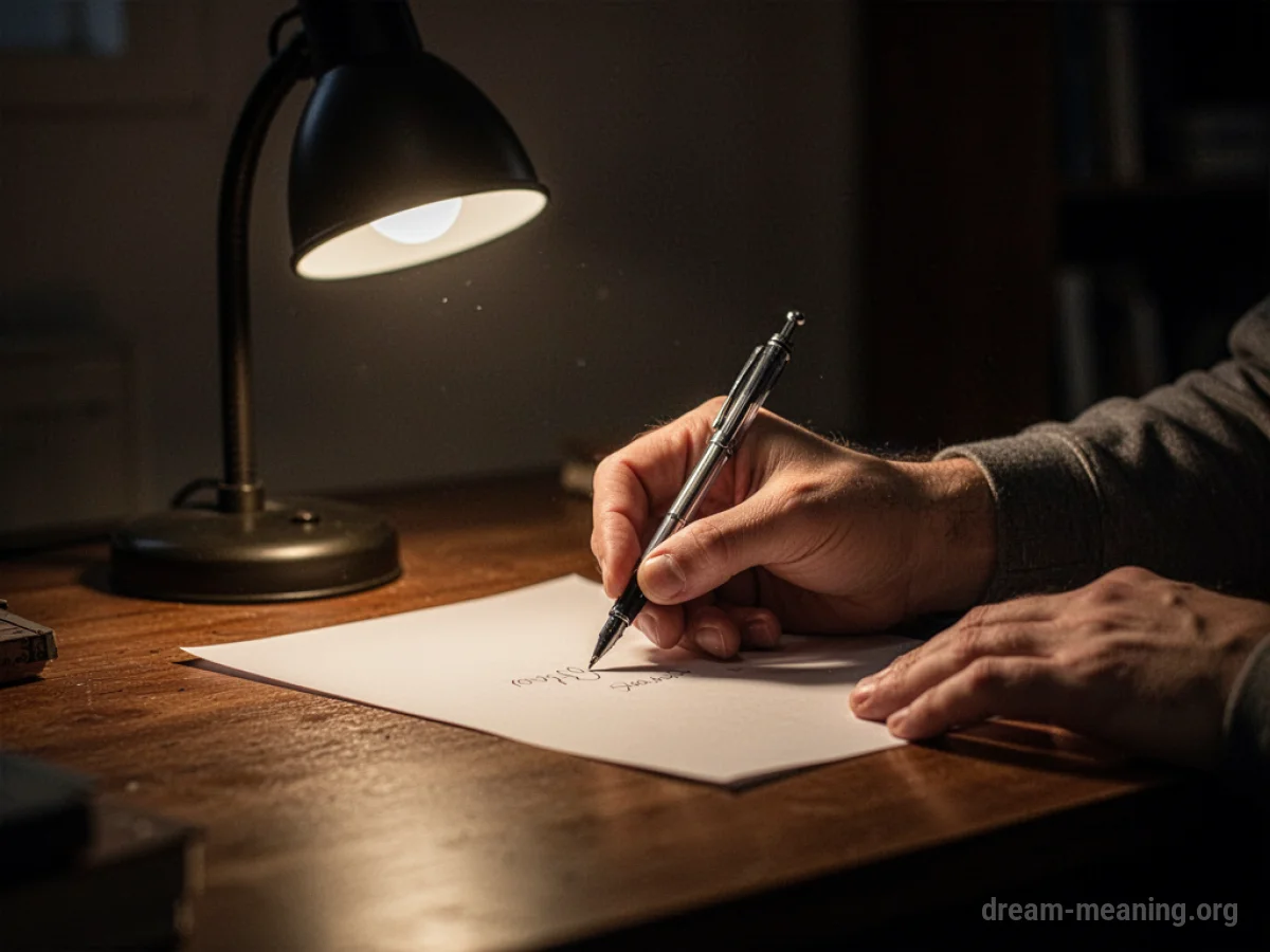 A hand writing on paper under a desk lamp.