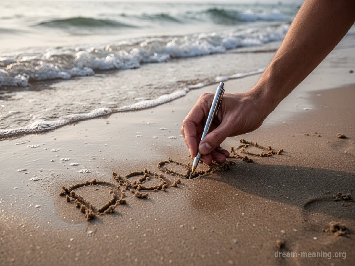 A hand forming letters in the sand near the water's edge.