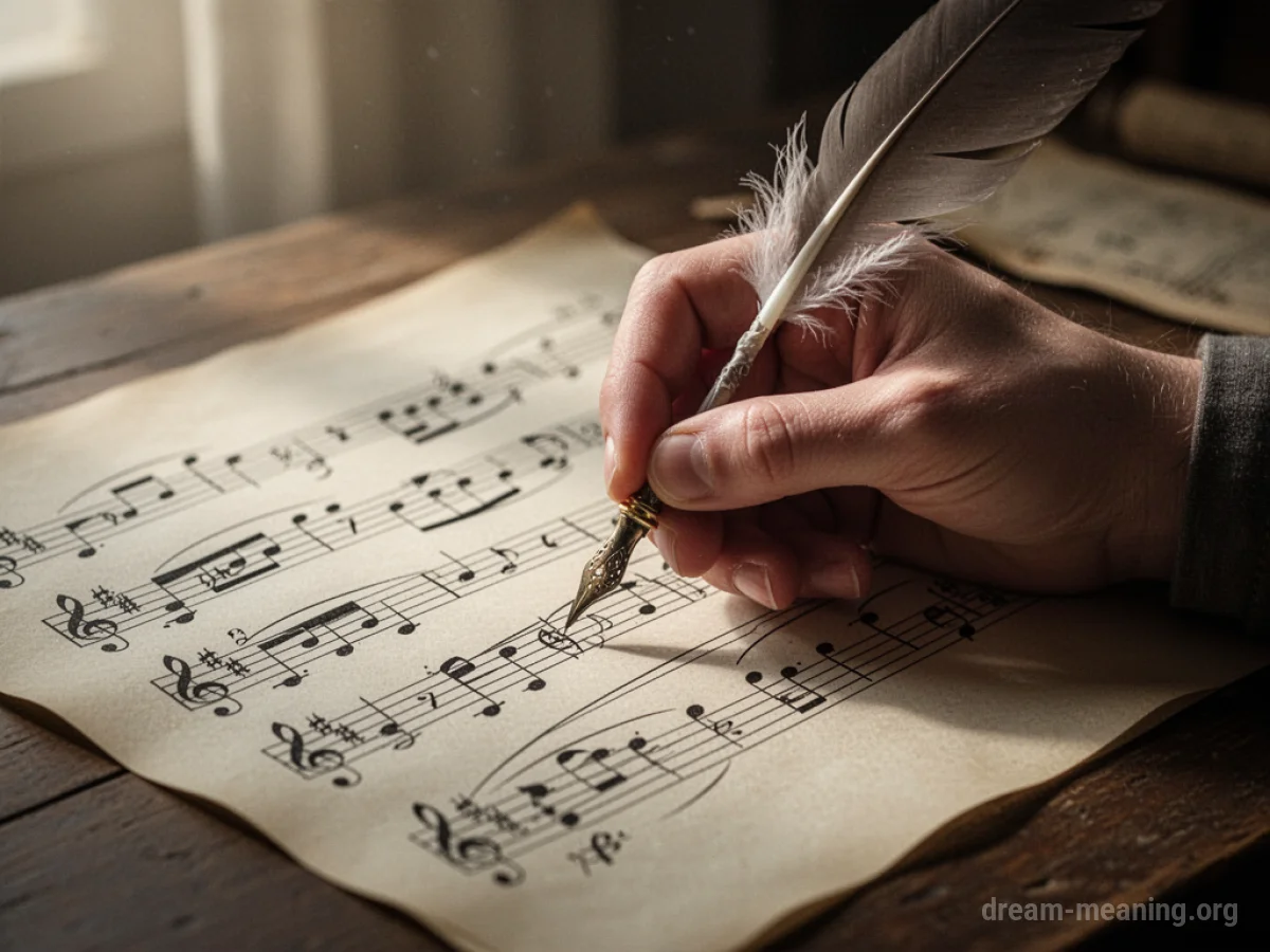 A hand with a quill pen writing musical notes on a sheet of manuscript paper.