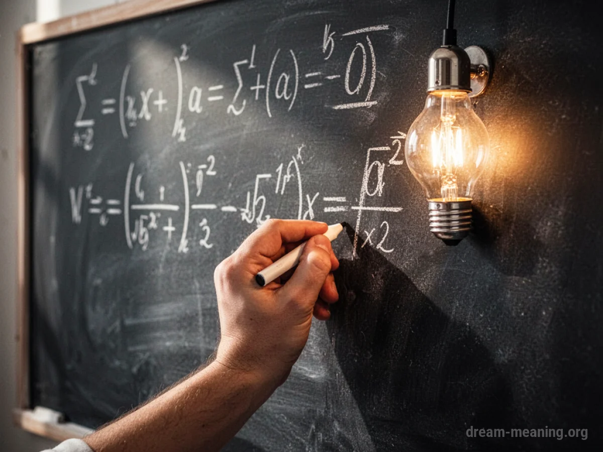 A hand writing an equation on a chalkboard.